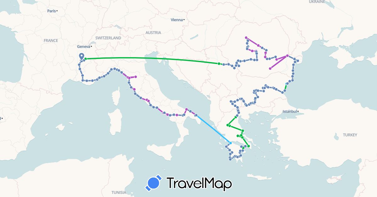 TravelMap itinerary: driving, bus, cycling, train, boat in Bulgaria, France, Greece, Italy, Macedonia, Romania, Serbia (Europe)